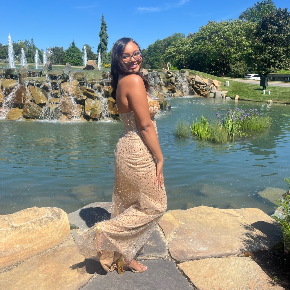 Elegant Gold Strapless Prom Gown